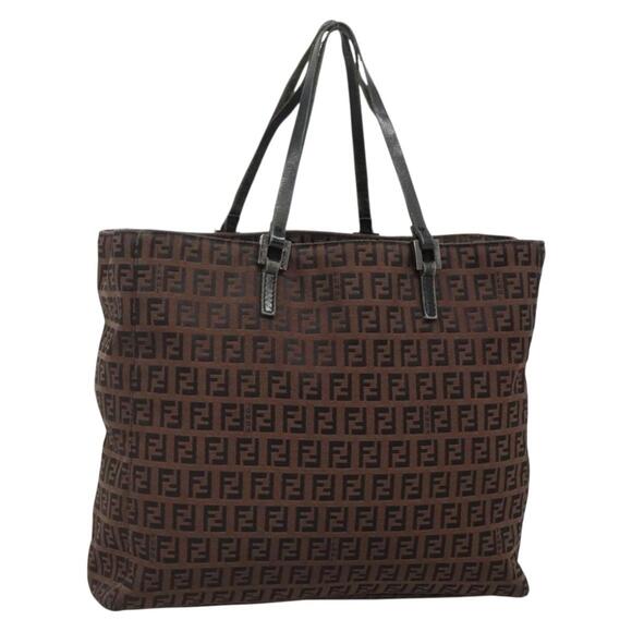 FENDI Zucchino Canvas Tote Bag Brown Silver - Picture 1 of 13